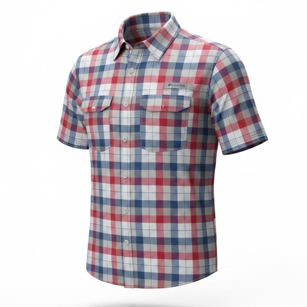 Columbia Mens Omni-Wick Plaid Short Sleeve Button Down Shirt Red Blue Large
